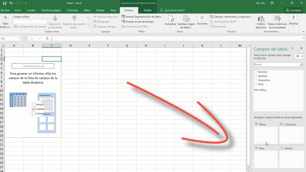 Vista por defecto de una tabla dinámica vacía en Excel