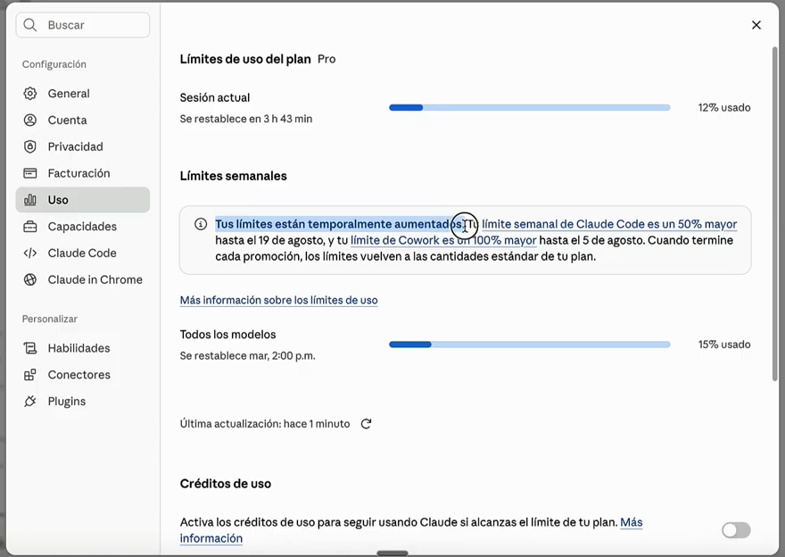 Limites de uso semanales de Claude Code aumentados un 50%
