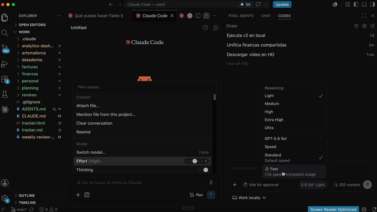 Reasoning effort en Claude Code y speed en Codex